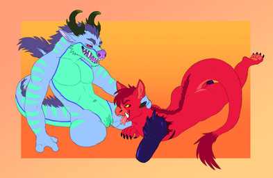 amputee andromorph anthro bodily_fluids cunnilingus disability duo genital_fluids genitals intersex mastectomy_scar oral paws presenting scar sex tail vaginal vaginal_fluids visibly_trans vulva devilenby mythology ares_(devilenby) demon dragon monster mythological_creature mythological_scalie scalie absurd_res hi_res