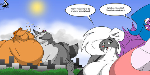 anthro breasts cleavage clothed clothing cloud dialogue eyewear female glasses group macro obese overweight sky sun text chrisandcompany jewish_mythology mythology daryl_vecat kelsey_sienna micky_(mickykitsune) aquatic aquatic_dragon domestic_cat dragon felid feline felis leviathan mammal mephitid mythological_creature mythological_marine mythological_scalie procyonid raccoon scalie skunk absurd_res english_text hi_res