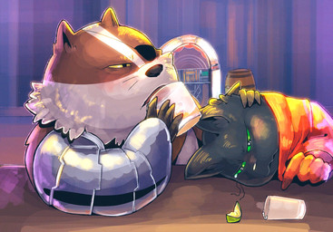 1_eye alcohol anthro beverage black_body black_fur bodily_fluids comforting crying cybernetics disability drinking drunk duo eye_patch eyewear fur machine male overweight overweight_male prosthetic prosthetic_arm prosthetic_limb sad substance_intoxication tears vetiver_n cartoon_network mao_mao:_heroes_of_pure_heart badgerclops sheriff_mao_mao_mao badger cyborg domestic_cat felid feline felis mammal mustelid musteline hi_res