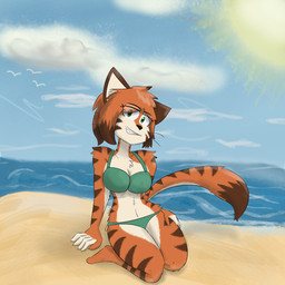 anthro beach bikini breasts clothed clothing detailed_background female fur green_clothing green_eyes green_underwear looking_at_viewer orange_body orange_fur outside sand seaside sky smile solo striped_body striped_fur stripes sun swimwear topwear two-piece_swimsuit underwear water white_body white_fur notmypornaccount martha_(notmypornaccount) felid mammal pantherine tiger 1:1 absurd_res digital_media_(artwork) hi_res