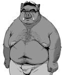 anthro belly bottomwear bulge clothing detailed_bulge eyewear glasses kemono male mature_male moobs navel nipples overweight overweight_male pants simple_background solo white_background gattatta mammal suid suine sus_(pig) wild_boar 2025 monochrome