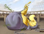 anthro arena belly big_belly blorp bodily_noises chain claws colosseum different_sound_effects digestion extended_sound_effect grey_belly grey_body grey_skin huge_belly hyper hyper_belly male merchandise onomatopoeia pink_claws rumbling rumbling_stomach sound_effect_variant sound_effects swallowing tail text thick_thighs vore yellow_body amnesiaaisenma thenegativecage mythology gold_(elkcip145) dragon mythological_creature mythological_scalie scalie