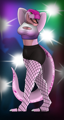 anthro big_breasts bottomwear breasts clothing female fishnet_clothing flash_light lights looking_at_viewer non-mammal_breasts pants raised_arms shadow shorts smile smiling_at_viewer solo tope lovemummification sophia_belle dinosaur prehistoric_species reptile scalie theropod tyrannosaurid tyrannosauroid tyrannosaurus tyrannosaurus_rex absurd_res hi_res