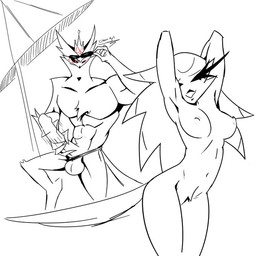 anthro duo erection female male male/female masturbation muscular nude smile standing aptom7747 hellaverse helluva_boss paimon_(helluva_boss) stella_(helluva_boss) avian avian_demon 2025 better_version_at_source sketch