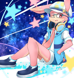 abstract_background adolescent anthro blush clothing electronics eyewear flat_cap footwear fur glasses hand_in_pocket hat headgear headphones headwear kemono male necktie one_eye_closed open_mouth pink_body pink_fur pockets red_eyes shoes sleeveless_hoodie small_tail solo star star_eyes tail y2k_(graphic_design) young young_anthro young_male tarobandit lagomorph leporid mammal rabbit absurd_res hi_res