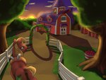 4:3 absurd_res anus apple archway barn big_macintosh_(mlp) earth_pony equid equine fence food friendship_is_magic fruit hasbro hi_res horse male mammal my_little_pony outside plant plow_yoke pony red_body shdingo solo sunset tree yoke