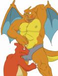 2015 anthro bulge canson charizard charizardon charmeleon claws clothing crotch_sniffing digital_drawing_(artwork) digital_media_(artwork) dragon duo generation_1_pokemon hand_behind_head hi_res male male/male membrane_(anatomy) membranous_wings muscular mythological_creature mythological_scalie mythology nintendo nipples orange_body orange_skin pokemon pokemon_(species) reptile scalie scentplay simple_background sniffing tail tongue tongue_out underwear underwear_sniffing white_background wings