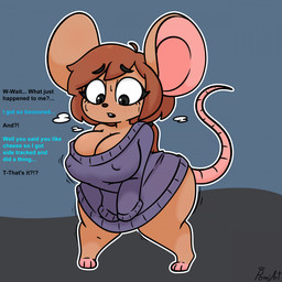 anthro barefoot big_breasts blush breasts brown_hair clothing feet female hair implied_transformation looking_down nipple_outline offscreen_character open_mouth shortstack simple_background solo standing sweater tail topwear pomiart mammal mouse murid murine rodent 2026 digital_media_(artwork) hi_res