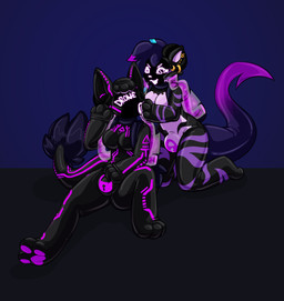 anthro clothing corruption drone dronesuit dronification duo evil_grin female female/female goo_transformation hand_on_bulge hand_on_head horn horn_jewelry hypnotic_gas jewelry latex latex_clothing latex_skinsuit liquid_latex mind_control null_bulge pheromones piercing purple_body skinsuit slime smile tail tight_clothing transformation visor captaincronus gg_(ggthekitty) night_stalker_(xangelicart) canid canine canis felid feline hybrid mammal wolf absurd_res hi_res