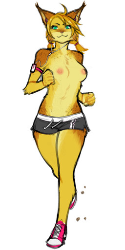 :3 accessory ahoge anthro areola armband athletic athletic_anthro athletic_female biped bottomwear breasts brown_hair cat_smile clothed clothing dolphin_shorts ear_piercing earbuds electronics exercise eyebrows eyelashes female footwear fur hair hair_accessory hairband headphones hotpants looking_at_viewer markings minishorts multicolored_body multicolored_fur music_player nipples piercing running shoes shorts simple_background small_breasts sneakers solo spots spotted_body spotted_fur topless topless_female two_tone_body two_tone_fur white_background workout shysiren felid feline lynx mammal 2017