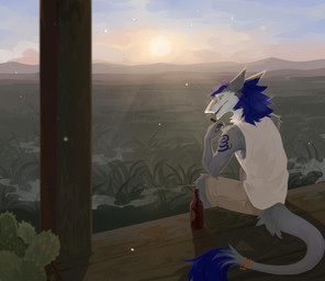anthro blue_hair blue_markings blurred_foreground bottle bottomwear cactus clothed clothing container fur grass grey_body grey_fur hair male markings mountain outside pants plant short_hair sitting solo sunset tail tail_tuft tan_bottomwear tan_clothing tan_pants three-quarter_view topwear tuft unsigned white_body white_clothing white_fur white_topwear yellow_eyes corzh77 sergal absurd_res hi_res