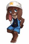 anthro blue_eyes blush brown_body brown_fur clothing fur kemono male simple_background solo standing white_background young young_anthro unrealplace lagomorph leporid mammal rabbit 2017 hi_res