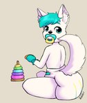 anthro big_diaper blue_eyes blue_hair bodily_fluids clothed clothing diaper fur genital_fluids glistening glistening_eyes gloves hair handwear inner_ear_fluff looking_at_viewer male pacifier short_hair sitting solo topless tuft unclean_diaper urine used_diaper wearing_diaper wet_diaper wetness_indicator white_body white_ears white_fur white_inner_ear_fluff young young_anthro young_male riddlr canid mammal hi_res