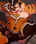 abs angry anthro balls_outline blood bodily_fluids bound bruised_eye bulge captured clothed clothing cum cum_in_clothing cum_through_clothing detailed_bulge erection erection_under_clothing eyebrows fur genital_fluids genital_outline male mask muscular muscular_anthro muscular_male orange_body orange_fur pecs penis_outline solo striped_body striped_fur stripes superhero thick_eyebrows torn_clothing wet wet_clothing orangetaming lifewonders live_a_hero ryekie_(live_a_hero) felid mammal pantherine tiger absurd_res hi_res