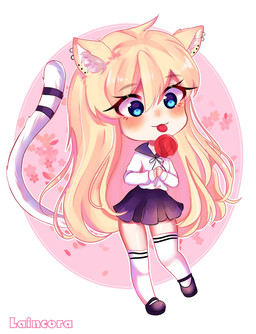asian_clothing bangs blonde_hair blue_eyes blush candy cherry_blossom chibi clothed clothing dessert ear_piercing east_asian_clothing eyelashes female flower food footwear fully_clothed hair holding_candy holding_food holding_lollipop holding_object inner_ear_fluff japanese_clothing japanese_school_uniform knee_highs knee_socks legwear light_body light_skin lollipop long_hair piercing plant prunus_(flower) school_uniform shoes socks solo standing text tongue tongue_out tuft uniform laincora animal_humanoid humanoid absurd_res artist_name digital_media_(artwork) hi_res shaded