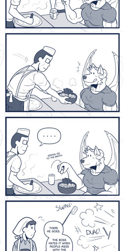 5_fingers anthro apron back_wings biceps big_muscles blep bottomwear claws closed_smile clothed clothed_anthro clothed_human clothed_male clothing container cup curved_horn dialogue directional_arrow dot_eyes ellipsis emanata eyewear fingers folded_wings front_view fully_clothed fully_clothed_human fully_clothed_male fur gesture glasses group hair hand_gesture head_horn holding_container holding_cup holding_object horn ice ice_cube looking_aside looking_at_object male male_human membrane_(anatomy) membranous_wings motion_lines mouth_closed muscular muscular_anthro muscular_male onomatopoeia open_mouth pecs pointy_ears rear_view rectangular_glasses shirt simple_eyes smile snout sound_effects speech_bubble sweatdrop_(iconography) text tight_clothing tight_shirt tight_topwear tongue tongue_out topwear trio wearing_glasses wing_claws wings gingatetsudou21 soendapuss mythology dragon furred_dragon furred_scalie human mammal mythological_creature mythological_scalie scalie 2026 absurd_res artist_collaboration blue_monochrome comic digital_drawing_(artwork) digital_media_(artwork) english_text half-length_portrait hi_res monochrome one_page_comic portrait three-quarter_portrait