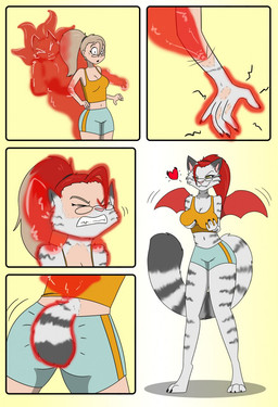 3_toes anthro barefoot biped black_markings blonde_hair bottomwear bra breast_expansion breasts cat_tail claws clenched_teeth clothed clothing devious_grin digitigrade duo expansion eyes_closed eyewear fangs feet female finger_claws fingers fondling fully_clothed fur glasses growth hair heart_symbol human_to_anthro markings membrane_(anatomy) membranous_wings motion_lines navel open_mouth paws pink_nose possession red_hair red_wings self_fondle shorts simple_background smile species_transformation sports_bra standing striped_body striped_fur stripes surprised tail tail_growth teeth toe_claws toes topwear transformation transformation_sequence transformation_through_possession underwear white_body white_fur wide_eyed wing_growth wings yellow_eyes fox0808 sedire_(deiser) domestic_cat felid feline felis ghost human mammal spirit 2018 colored comic hi_res