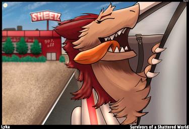 anthro car chest_tuft claws cloud eyes_closed fangs female fur hair highway moon red_body red_fur red_hair sheetz sky solo teeth teeth_showing text tongue tongue_out tooth_gap tuft vehicle cosmonaut sergal english_text hi_res story story_at_source story_in_description