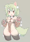 blush breasts clothing female gloves green_hair grey_background hair handwear legwear open_mouth paw_gloves simple_background solo stockings niniidawns animal_humanoid canid canid_humanoid humanoid mammal mammal_humanoid 2019 digital_media_(artwork) shaded