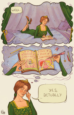 3_panel_comic 5_fingers answer bed bed_curtains bent_legs blue_blanket blue_eyes braided_hair breasts cleavage clothed clothed_female clothed_human clothing collarbone crown dialogue drawing_(action) dress eraser eyebrows eyelashes female female_human fingernails fingers footwear furniture green_clothing green_curtains green_dress green_footwear green_hair_tie green_shoes hair headgear human_only light lips logo long_hair lying lying_on_bed nails not_furry on_bed on_front open_book pencil_(object) pillow princess purple_pillow red_eyebrows red_hair red_lips royalty shoes solo speech_bubble tan_body tan_fingernails tan_nails tan_skin text thought_bubble tiara ravangie dreamworks shrek_(series) princess_fiona human mammal 2024 absurd_res artist_logo colored comic digital_media_(artwork) english_description english_text hi_res lighting shaded