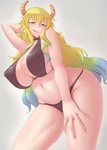 animal_humanoid anime_eyes belly big_breasts big_butt bikini biped blonde_hair blue_eyes breasts butt cleavage clothed clothing curvy_figure digital_media_(artwork) dragon dragon_humanoid exposure_variation female front_view gradient_hair green_eyes hair hand_behind_head heterochromia hi_res horn horned_humanoid huge_breasts humanoid jefflink licking licking_lips licking_own_lips light_body light_skin long_hair looking_at_viewer low-angle_view mammal midriff miss_kobayashi's_dragon_maid mythological_creature mythological_scalie mythology navel nipple_outline pinup portrait pose quetzalcoatl_(dragon_maid) scalie self_lick simple_background skimpy solo standing swimwear thick_thighs three-quarter_portrait three-quarter_view tongue tongue_out voluptuous wide_hips