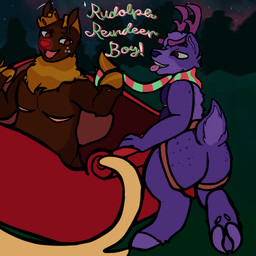 andromorph anthro antlers butt crown duo freckled_butt freckled_face freckled_hips freckled_shoulders freckles headgear holidays hoof_hands hooves horn intersex intersex/intersex scarf sleigh stoatears toon_on_anthro toony visibly_trans inhabitedartist blushcrunch_studio christmas dandy's_world roblox russelbuck_(copyright) korri_(inhabitedartist) rudie_(dandy's_world) canid canine canis deer domestic_dog hyena mammal new_world_deer reindeer 1:1 absurd_res hi_res