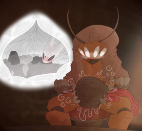 abdominal_bulge antennae_(anatomy) anthro arthropod_abdomen blush bodily_fluids breast_squish breasts chair clockwork desk duo female female/female furniture headlight internal machine mask nude organs rumbling_stomach silk squish stomach stomach_acid synthetic synthetic_muscles table vore workshop scarletscaleddragon hollow_knight:_silksong hollow_knight_(franchise) team_cherry hornet_(hollow_knight) twelfth_architect arachnid arthropod insect robot robot_anthro spider absurd_res hi_res