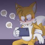 angry anthro blue_eyes blush cellphone clothing electronics ellipsis fur gloves handwear holding_object male message_box narrowed_eyes open_mouth phone shocked simple_background smartphone solo speech_bubble thin_thighs white_body white_fur yellow_body yellow_fur dreamatwrite sega sonic_the_hedgehog_(series) miles_prower canid canine fox mammal 1:1 absurd_res hi_res reaction_image