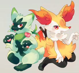 3_fingers 3_toes ambiguous_anthro ambiguous_gender anthro arm_tuft biped black_body blush cheek_tuft chest_tuft claws digitigrade dipstick_tail duo facial_tuft feet finger_claws fingers flat_chested flesh_fang front_view fur green_body green_fur green_tail handpaw hip_tuft inner_ear_fluff looking_at_viewer markings multicolored_body multicolored_fur nude_ambiguous nude_anthro object_in_tail open_mouth open_smile orange_body orange_eyes orange_fur orange_inner_ear_fluff orange_nose orange_tail_tip pawpads paws pink_nose pink_pawpads pointy_ears prick_ears shoulder_tuft simple_background sitting smile stick stick_in_tail tail tail_markings tapering_snout toes tongue tuft two_tone_tail wariza white_body white_claws white_fur yellow_body yellow_fur yellow_tail zoroa553 nintendo pokemon braixen canid floragato generation_6_pokemon generation_9_pokemon mammal pokemon_(species) 2023 colored digital_drawing_(artwork) digital_media_(artwork) hi_res shaded
