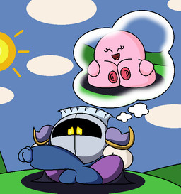 absurd anthro armor blue_body blue_skin cape clothing cloud duo erection fantasy female footwear gloves handwear hyper male mask pink_body pink_skin purple_clothing purple_footwear purple_shoes shoes shoulder_pads small_but_hung sun thought_bubble yellow_eyes somehornyweirdo kirby_(series) nintendo kirby meta_knight waddling_head