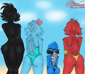 anthro beach_background big_butt bikini_thong black_body black_feathers blue_body blue_feathers butt clothing crown feathers female female/female group headgear one-piece_swimsuit rear_view red_body red_feathers simple_background size_difference standing swimwear dvan_arts_(artist) blu_waifu blue_sky_studios rio_(series) coco_the_scarlet_macaw_(blu_waifu) fan_character jewel_(rio) yatagarasu_(dvan_arts) zafiro_the_blue_jay ara_(genus) avian bird blue_jay corvid jay_(bird) macaw neotropical_parrot new_world_jay oscine parrot passerine scarlet_macaw spix's_macaw true_parrot absurd_res digital_media_(artwork) hi_res