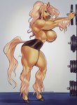 anthro big_breasts blonde_hair bottomwear breasts clothed clothing feathering female fetlocks fur gym hair hooves huge_breasts muscular muscular_anthro muscular_female shirtless shorts side_boob side_view small_waist solo standing tan_body tan_fur thick_thighs topless weights furlana scarlett_(elusivejackal) equid equine horse mammal absurd_res hi_res