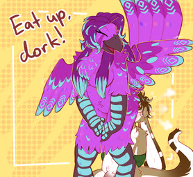 ambiguous_gender bdsm blush bondage bound dialogue erection facesitting feathers female male sitting sitting_on_another size_difference smile tail tail_feathers crownedvictory avian hybrid lagomorph leporid mammal mustelid otter rabbit 2023 absurd_res hi_res
