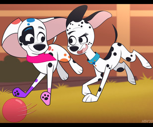 black_ears black_nose black_spots black_tail digitigrade duo eye_patch_(marking) facial_markings female feral floppy_ears freckled_face freckles fur head_markings kerchief male markings neckerchief neckwear orange_spots patch_(marking) pink_inner_ear pink_kerchief pink_neckerchief pink_paws purple_paws red_ball running spots tail toony white_body white_fur higglytownhero 101_dalmatian_street 101_dalmatians disney da_vinci_(101_dalmatians) dawkins_(101_dalmatians) canid canine canis dalmatian domestic_dog mammal