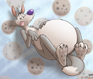 abdominal_bulge anthro belly big_belly cheek_tuft cookie countershading facial_tuft fangs featureless_crotch feet food fur fur_tuft grey_body grey_fur hand_on_belly head_tuft hindpaw looking_at_viewer lying male mascot motion_lines narrowed_eyes nude on_back overweight overweight_anthro overweight_male pattern_background paws simple_background solo stuffing tail tail_motion tailwag teeth tongue tongue_out tuft scott_calico cookie_crisp general_mills chip_the_wolf canid canine canis mammal wolf 2013 dated digital_media_(artwork) full-length_portrait portrait signature