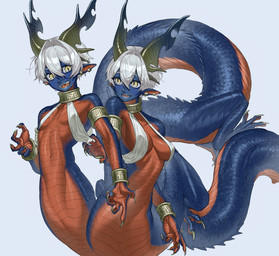4_toes 5_fingers abs ambiguous_gender armcuff back_ridge big_eyes blue_body blue_horn blue_scales blush blush_lines breasts clothing coiling collar collarbone conjoined detailed_scales ear_piercing feet fingers gesture hair hand_gesture horn humanoid_face humanoid_pointy_ears linen lips long_body long_tail looking_at_viewer mostly_nude multi_body multi_upper_body multicolored_horn navel open_mouth pecs piercing pointy_ears pupils quadruped red_body red_scales ridged_horn scales serpentine sharp_teeth short_hair simple_background slit_pupils smile soft_abs solo standing straight_hair tail tan_claws tan_horn tapering_horn teeth toes tongue topwear two_tone_horn unusual_anatomy unusual_horn ventral_groove ventral_scales white_background white_hair yellow_eyes ryoryo mythology dragon dragon_taur eastern_dragon long_neck_taur multi_taur mythological_creature mythological_scalie scalie taur 2026 detailed digital_media_(artwork) digital_painting_(artwork) hi_res painting_(artwork) shaded soft_shading female_(lore) male_(lore) sibling_(lore) twins_(lore)
