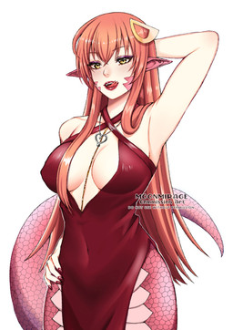 apode breasts clothing dress female hair hand_behind_head humanoid_pointy_ears jewelry legless lips lipstick long_hair looking_at_viewer makeup monster_girl_(genre) necklace nipples pointy_ears red_hair red_lips red_lipstick serpentine simple_background solo split_form tongue tongue_out yellow_eyes moonmirage monster_musume miia_(monster_musume) draconcopode lamia reptile scalie snake