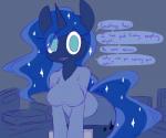 anthro anthrofied blue_body blue_fur blue_hair book clothed clothing female fur green_eyes hair horn looking_at_viewer solo text whoop friendship_is_magic hasbro my_little_pony mythology princess_luna_(mlp) equid equine mammal mythological_creature mythological_equine unicorn english_text