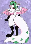 anthro bell bell_collar big_breasts big_tail breasts collar female green_hair hair horn huge_tail looking_back rear_view solo spiked_tail spikes spikes_(anatomy) tail wings arwenscoots conditional_dnp bat bovid bovine cattle hybrid kangaroo macropod mammal marsupial hi_res