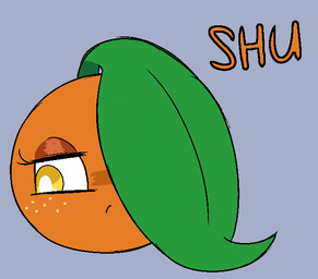 eyelashes female food freckles fruit leaf leaf_hair not_furry one_eye_obstructed orange_body plant plant_hair pseudo_hair solo yellow_eyes slem shu_(slem) animate_inanimate elemental_creature flora_fauna food_creature living_fruit waddling_head 2023 digital_drawing_(artwork) digital_media_(artwork)