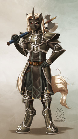 anthro armor axe battle_axe bracers breastplate furgonomics greaves hooves horn male melee_weapon pauldron plate_mail pose red_eyes solo unguligrade weapon weapon_on_shoulder mykegreywolf hasbro my_little_pony mythology fan_character equid equine mammal mythological_creature mythological_equine unicorn 2016 absurd_res hi_res