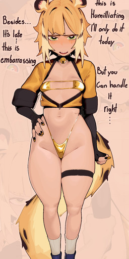 animal_ears barely_visible_genitalia biped blonde_hair blush breasts clothed clothing dialogue female footwear front_view genitals green_eyes hair hand_on_hip legband looking_at_viewer shoes small_breasts solo text thick_thighs thighband yellow_clothing naxius_noxy golden_week animal_humanoid humanoid english_text hi_res