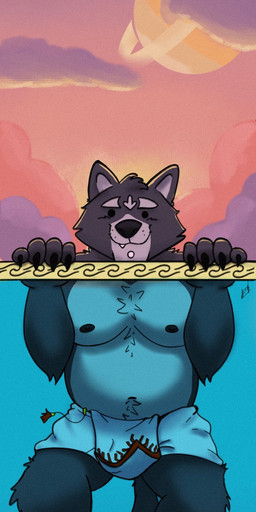 anthro black_body black_eyes black_fur black_nipples black_nose bottomwear claws clothed clothing cloud dot_eyes eyebrows facial_piercing fangs feet fur grey_body grey_fur holding_on labret_piercing lip_piercing loincloth male nipples piercing planet simple_eyes solo sunset tail teeth teeth_showing toe_claws topless tuft underwater underwear water yeenalin adastra adastra_(series) echo_project amicus_(adastra) canid canine canis mammal wolf hi_res