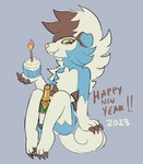 alcohol anthro beverage blue_body blue_fur champagne cupcake female food fur holidays smile solo bloowolfy new_year new_year_2023 nintendo pokemon aries_(bloowolfy) generation_7_pokemon lycanroc midnight_lycanroc pokemon_(species) hi_res