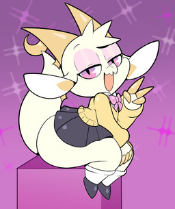 2_horns ambiguous_gender anthro big_butt black_bottomwear black_clothing black_footwear black_shoes black_skirt bottom_heavy bottomwear butt clothed clothed_anthro clothing footwear gesture hand_gesture head_tuft horn narrowed_eyes open_mouth purple_eyes school_uniform shoes side_butt sitting skirt socks solo sweater tail thick_thighs topwear tuft uniform v_sign white_body white_clothing white_footwear white_socks wide_hips yellow_clothing yellow_sweater yellow_topwear someth1ngoranother chikn_nuggit mythology fwench_fwy_(chikn_nuggit) dragon mythological_creature mythological_scalie scalie 2025 digital_media_(artwork) hi_res nonbinary_(lore)