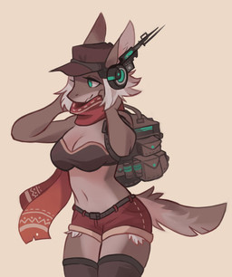 accessory anthro backpack baseball_cap belly big_breasts bottomwear breasts cleavage clothed clothing cybernetics ear_tuft electronics female fur green_eyes grey_body grey_fur hair hat headgear headphones headwear hotpants legwear looking_away machine navel red_scarf scarf short_tail shorts smile solo standing tail tail_tuft tights tuft white_hair retros aquatic fish furred_shark shark 2019 digital_media_(artwork) hi_res shaded
