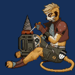 anthro blonde_hair clothing hair male screwdriver solo tail tinkering tools micadi_(artist) combat_cat_studio wild_assault uly_(wild_assault) herpestid mammal meerkat 1:1 animated digital_media_(artwork) low_res pixel_(artwork) pixel_animation