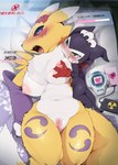 2024 anthro bandai_namco bed big_breasts biped blue_eyes blush breasts canid canine dagasi digimon digimon_(species) duo female fox fur furniture genitals hi_res humanoid imp impmon lying male mammal on_back on_bed purple_body pussy renamon tail text translated white_body white_fur yellow_body yellow_fur