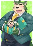 anthro blush box clothing container eyebrows fur gift_box green_background green_body green_fur male necktie plushie simple_background slightly_chubby smile solo suit thick_eyebrows topwear vest nazebesu_hobby lifewonders live_a_hero mokdai canid canine canis domestic_dog mammal absurd_res hi_res