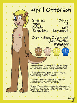 3_toes anthro areola bangs barefoot biped bleached_hair blue_eyes border breasts brown_body brown_fur color_swatch cute_fangs fangs feet female female_anthro fur genitals hair highlights_(coloring) looking_at_viewer medium_breasts nipples nude nude_anthro nude_female omorashi open_mouth plantigrade pose pubes short_hair simple_background solo standing tail tasteful_nudity teeth text three-quarter_view toes vulva flamingazalea april_otterson mammal mustelid otter 2025 3:4 artist_name character_name dated digital_drawing_(artwork) digital_media_(artwork) english_text full-length_portrait handwritten_text hi_res model_sheet portrait warm_colors